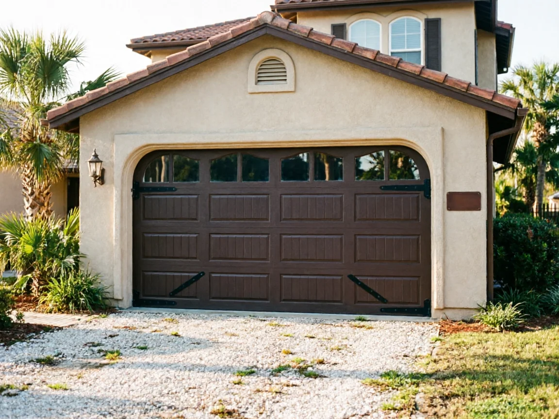 A brown garage door with windows and decorative hardware on a stucco house.