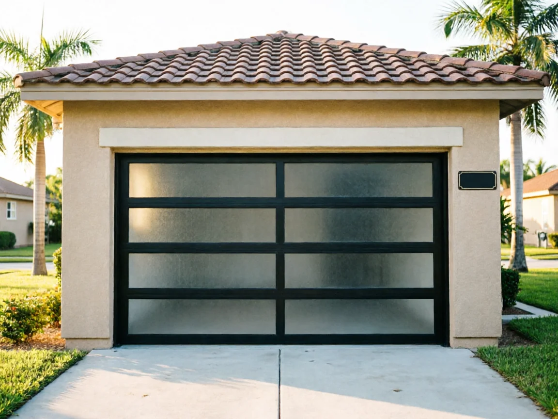 A modern garage door with frosted glass panels on a stucco house.