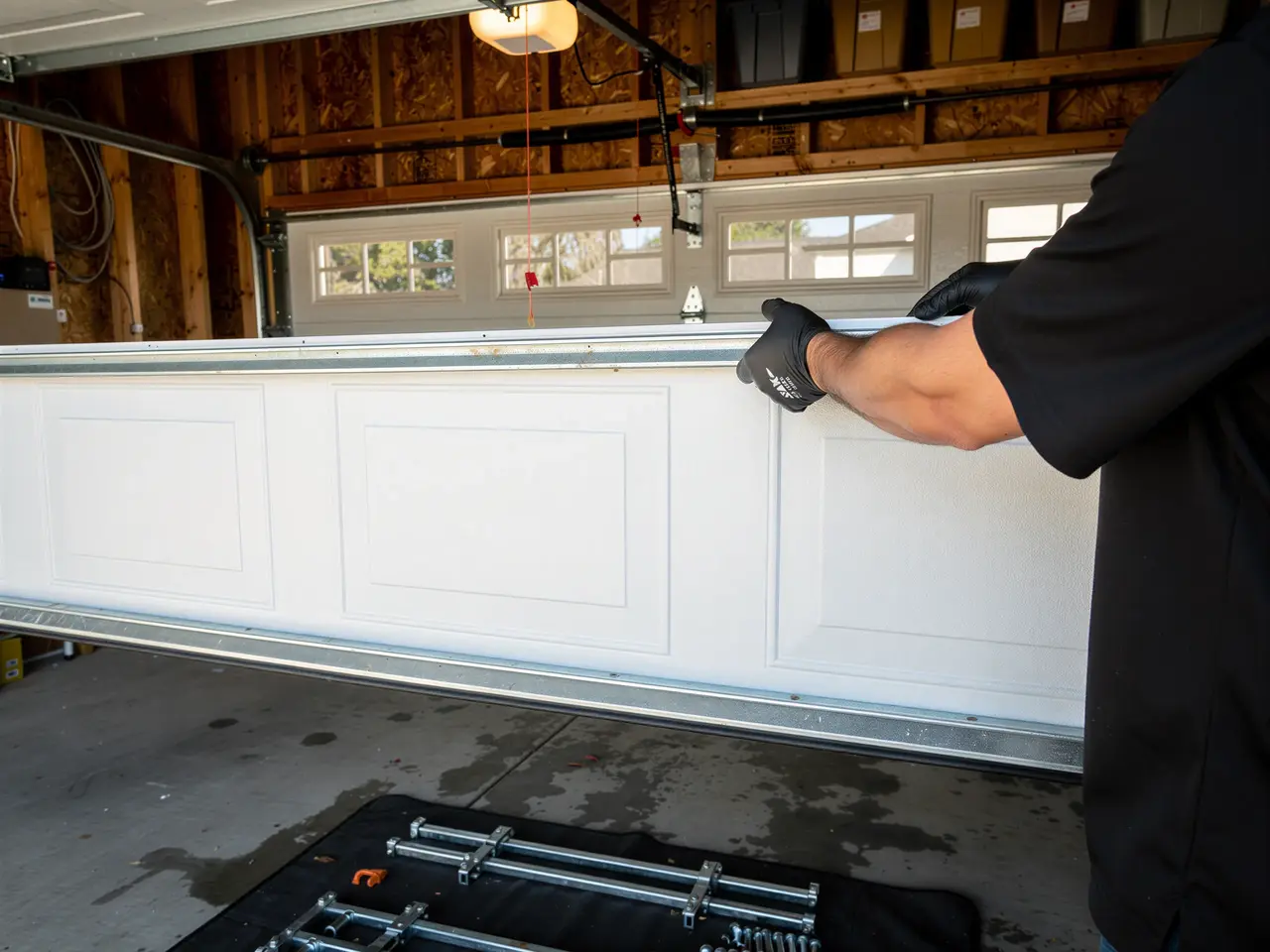 A technician in black gloves installs a white garage door panel.